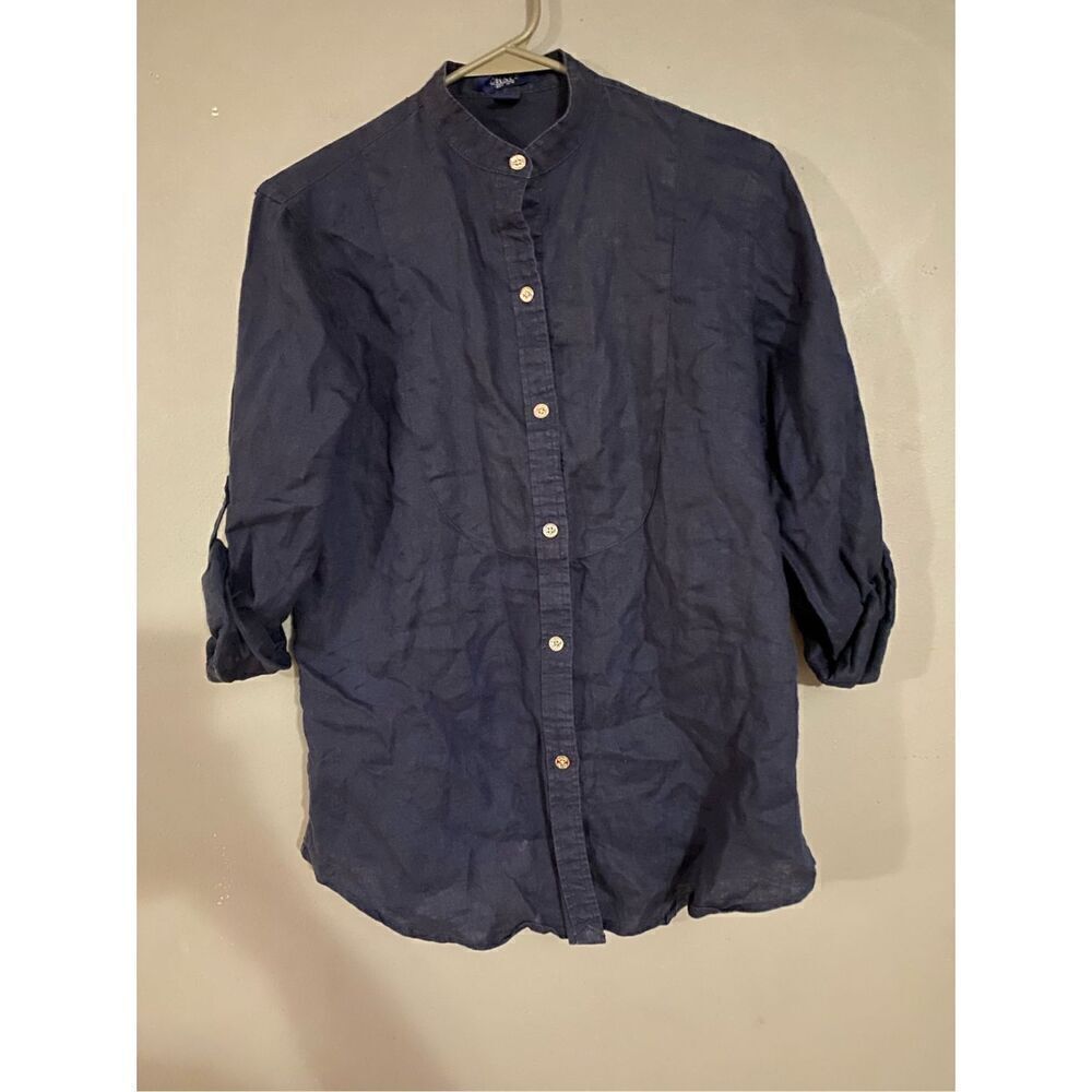 Chaps Top Women’s Button Up Roll Tab Long Sleeve Solid Blue Casual Small